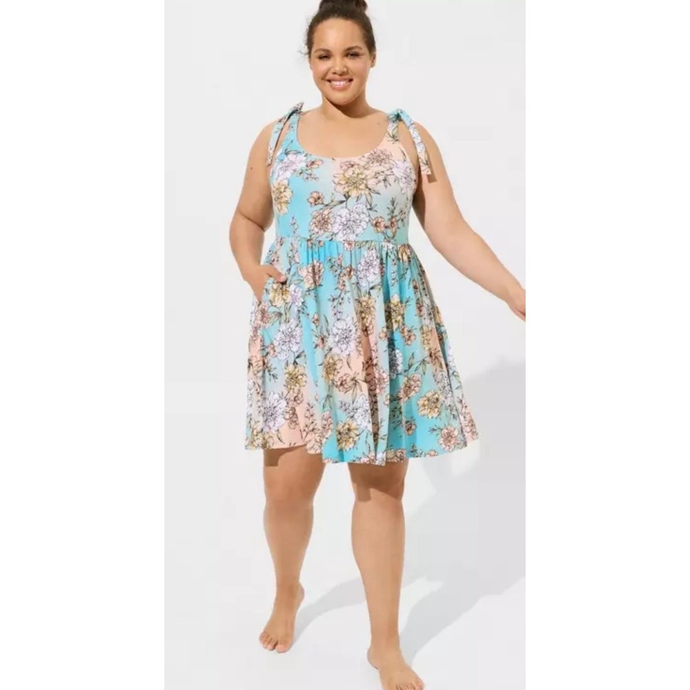 Torrid Women 1X Blue Floral Cotton Slub Tie Shoulder Mini Beach Dress NWT Boho